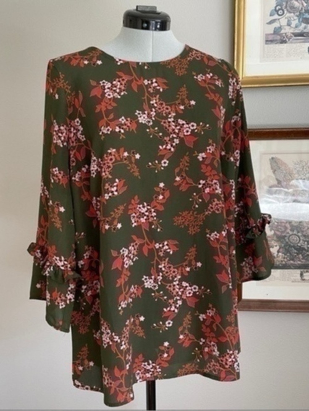 Olive Green Floral Shift Dress
